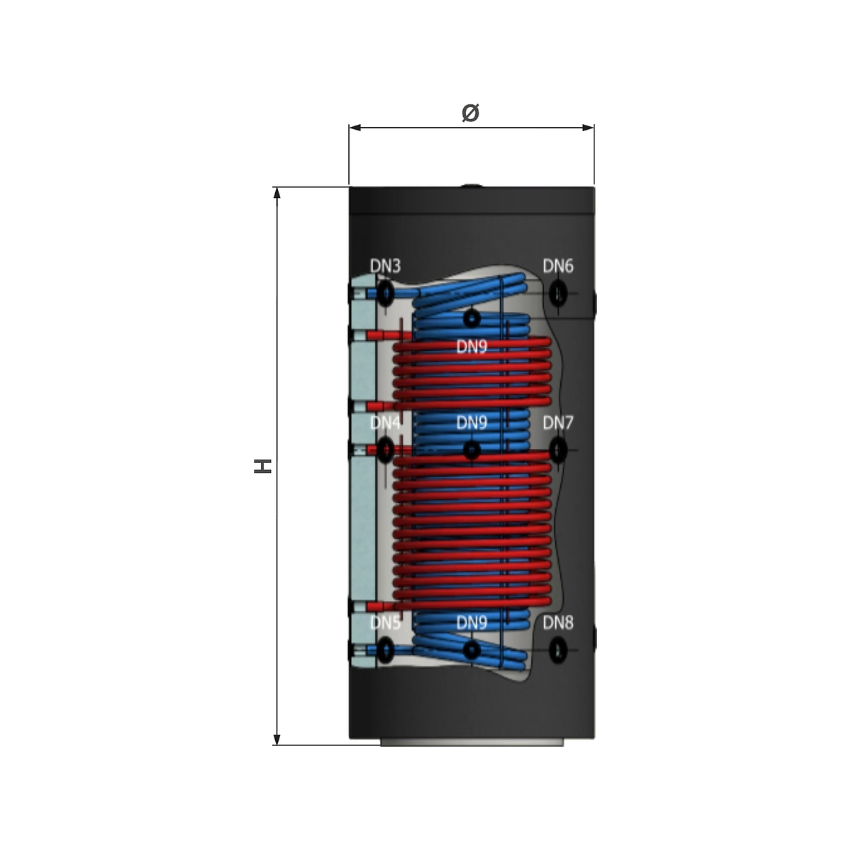Nexus multi-energievat 2000 L staal, 3 wisselaars (CQT) - maattekening