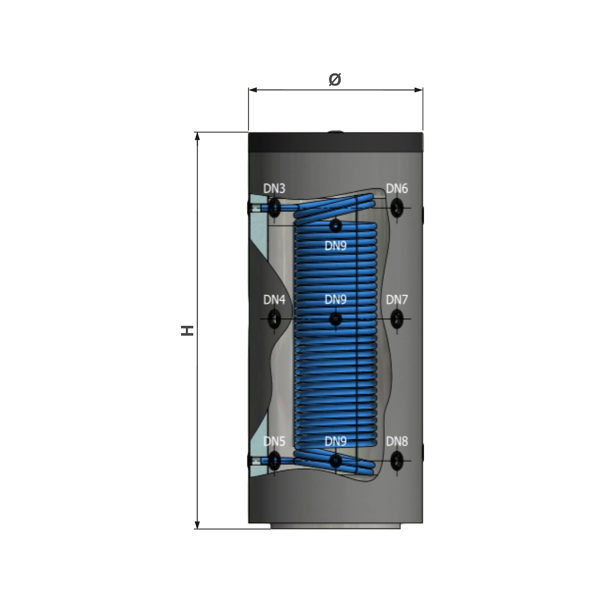 Nexus multi-energievat 2000 L staal, 1 wisselaar (CQS) - maattekening