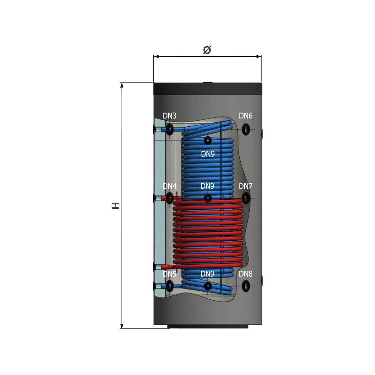 Nexus multi-energievat 2000 L staal, 2 wisselaars (CQP) - maattekening