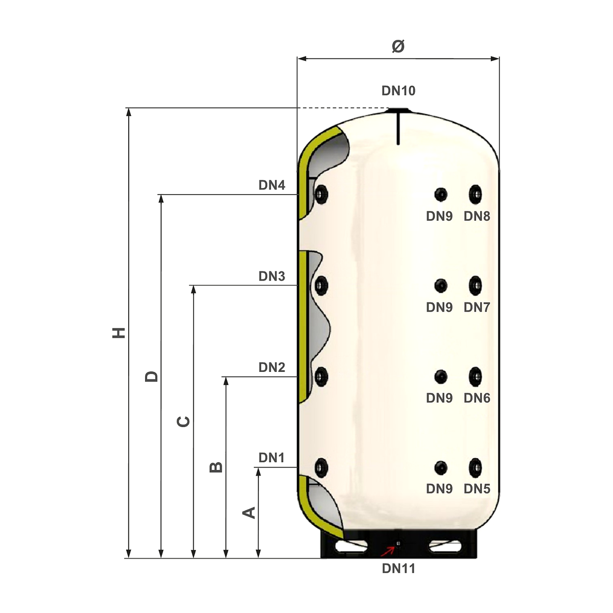 Nexus buffervat 5000 L staal (PS 5000) - maattekening