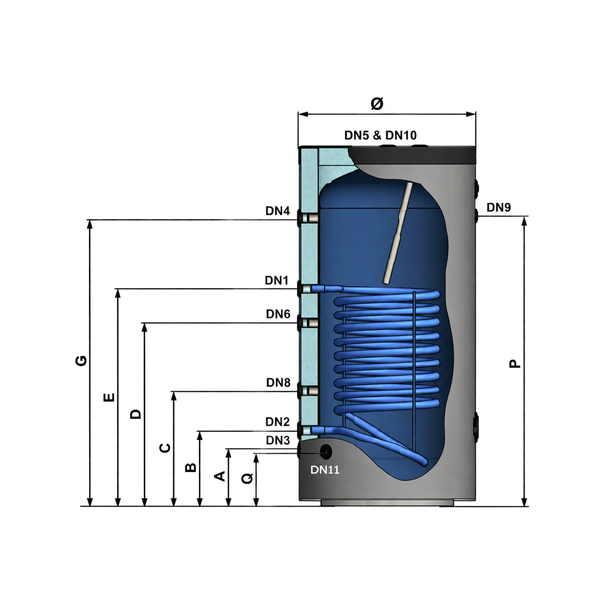 Nexus boiler 1000 L geëmailleerd, 1 spiraal, met flens - maattekening